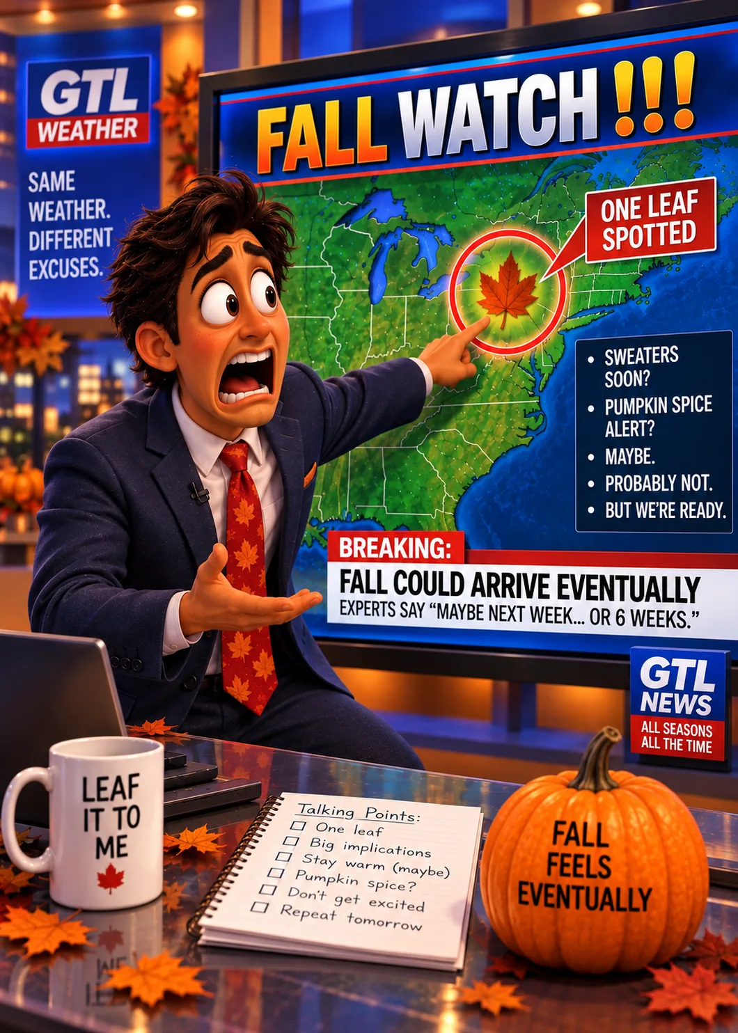 A wide-eyed TV weatherman in a suit points at a map of the eastern United States where a single orange leaf is circled and labeled ONE LEAF SPOTTED. The screen reads FALL WATCH !!! and BREAKING: FALL COULD ARRIVE EVENTUALLY, his mug reads LEAF IT TO ME, and a pumpkin on the desk reads FALL FEELS EVENTUALLY.