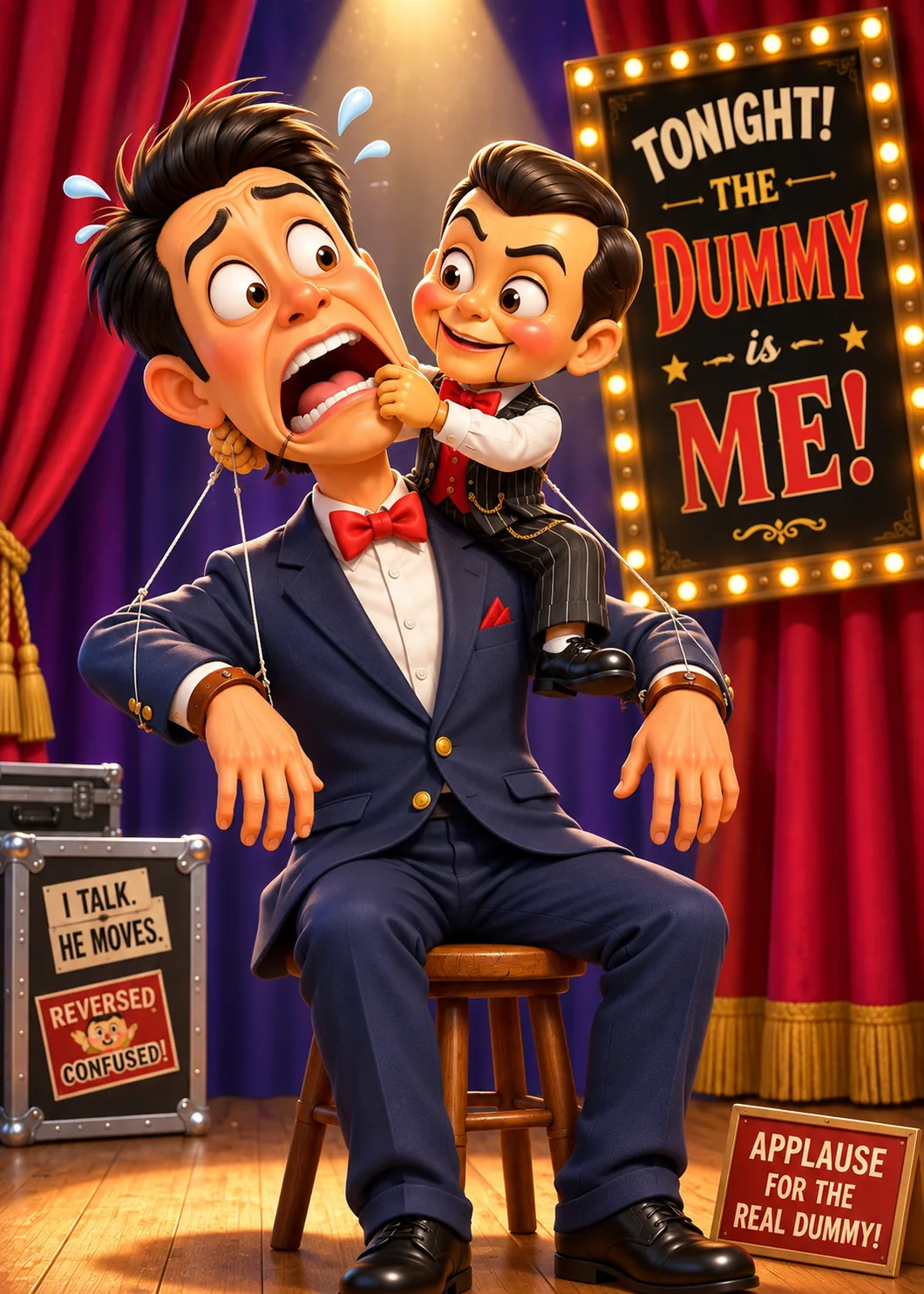 A ventriloquist dummy in a pinstripe suit sits on the shoulder of a full-size, panicked man on a stool, working the man's jaw with its hand while strings hang from the man's wrists. A marquee poster reads TONIGHT! THE DUMMY is ME! and a sign reads APPLAUSE FOR THE REAL DUMMY!