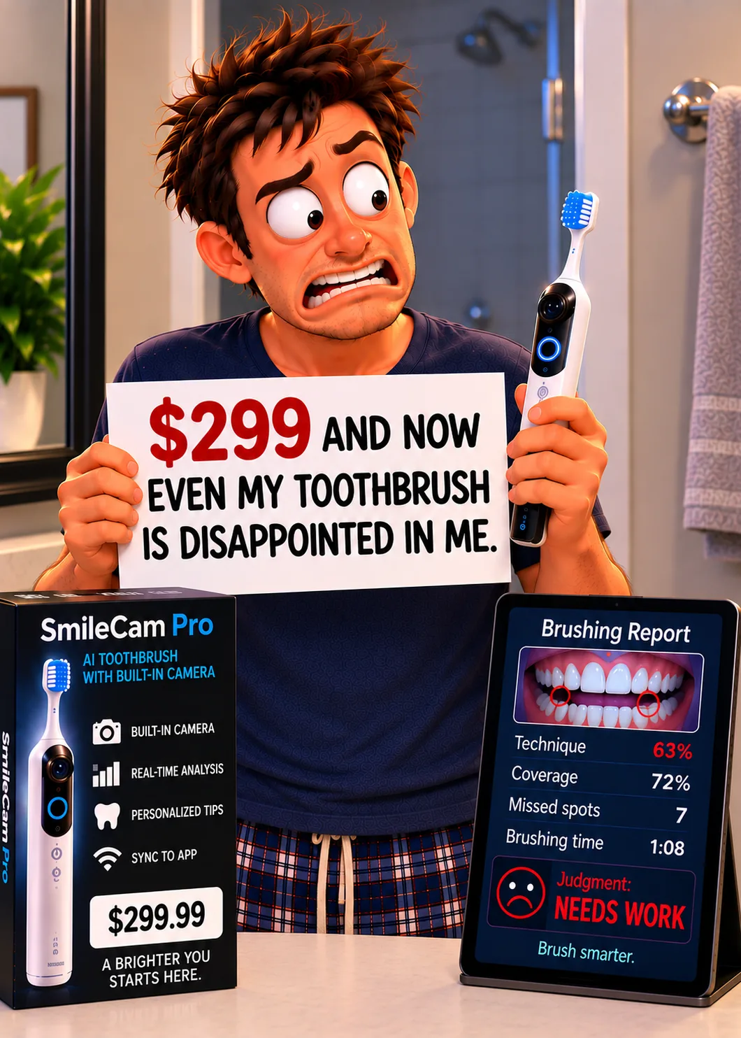 A disheveled man grimaces in the bathroom holding a smart toothbrush and a sign reading "$299 AND NOW EVEN MY TOOTHBRUSH IS DISAPPOINTED IN ME." Beside him a box for "SmileCam Pro, AI toothbrush with built-in camera, $299.99" promises "A BRIGHTER YOU STARTS HERE," and a tablet shows a "Brushing Report" of 63% technique, 7 missed spots and "Judgment: NEEDS WORK."